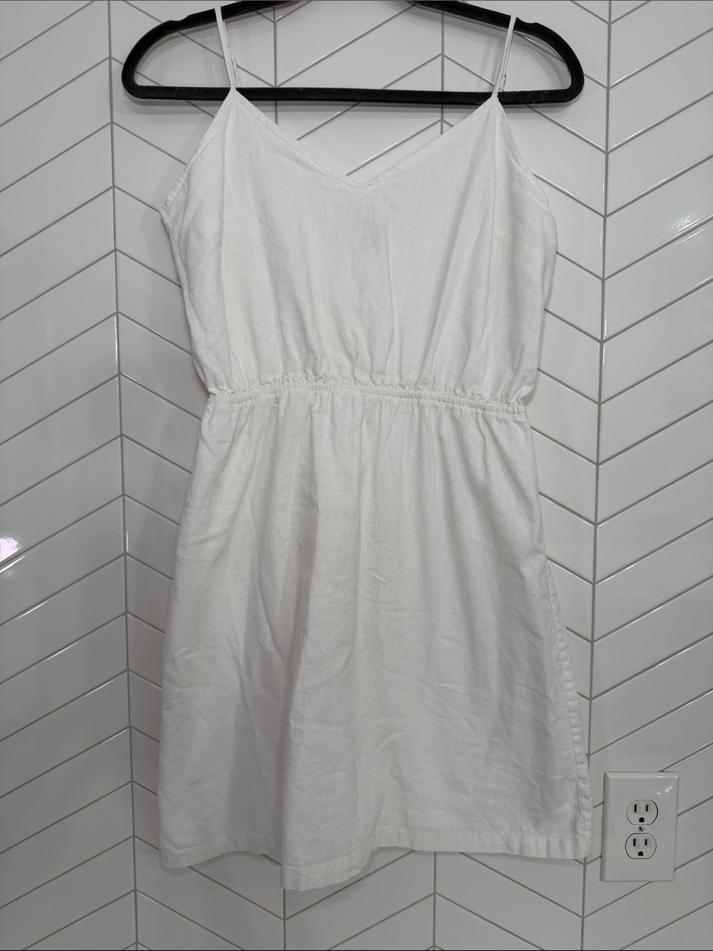J Crew White Spaghetti Strap Mini Dress with Gathered Waist/ Linen / Medium
